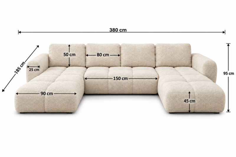 Kremowa sofa U z wymiarami Narożnik z funkcją spania i pojemnikiem Milo U kremowy boucle