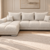 Kremowa sofa boucle w eleganckim salonie Narożnik z funkcją spania i pojemnikiem Aurio lewy kremowy boucle