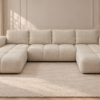 Kremowa sofa modułowa boucle w eleganckim wnętrzu (1) Narożnik z funkcją spania i pojemnikiem Milo U kremowy boucle