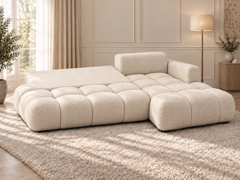 Kremowa sofa modułowa w miękkim świetle Narożnik Soffy prawostronny z funkcją spania i pojemnikiem kremowy boucle