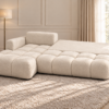Kremowa sofa modułowa w miękkim świetle_LEWY Narożnik Soffy lewostronny z funkcją spania i pojemnikiem kremowy boucle