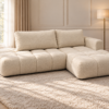 Kremowa sofa w jasnym salonie Narożnik Soffy prawostronny z funkcją spania i pojemnikiem kremowy boucle