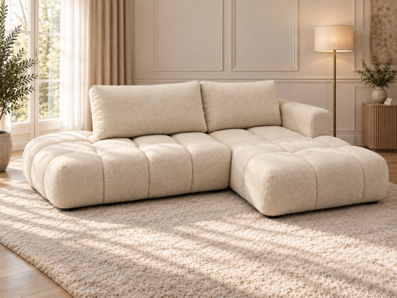 Kremowa sofa w jasnym salonie Narożnik Soffy prawostronny z funkcją spania i pojemnikiem kremowy boucle