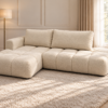 Kremowa sofa w jasnym salonie_LEWY Narożnik Soffy lewostronny z funkcją spania i pojemnikiem kremowy boucle