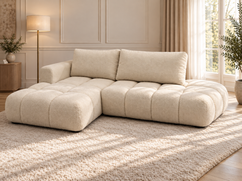 Kremowa sofa w jasnym salonie_LEWY Narożnik Soffy lewostronny z funkcją spania i pojemnikiem kremowy boucle