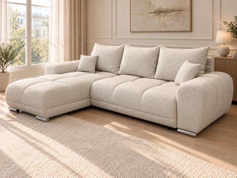 Kremowa sofa w ujęciu z prawej Narożnik z funkcją spania i pojemnikiem Aurio lewy kremowy boucle