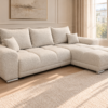 Kremowa sofa w ujęciu z prawej_PRAWY Narożnik z funkcją spania i pojemnikiem Aurio prawy kremowy boucle