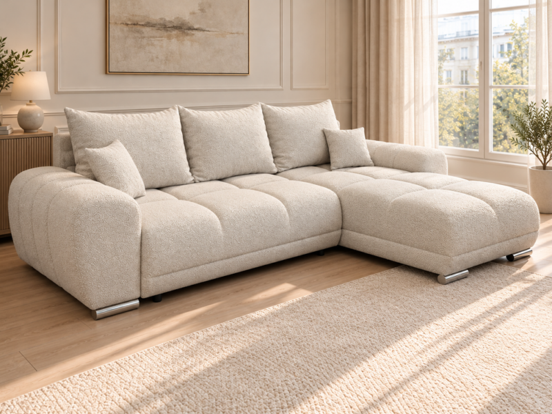 Kremowa sofa w ujęciu z prawej_PRAWY Narożnik z funkcją spania i pojemnikiem Aurio prawy kremowy boucle