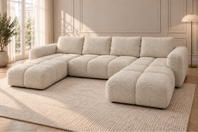 Kremowa sofa z delikatną fakturą boucle Narożnik z funkcją spania i pojemnikiem Milo U kremowy boucle