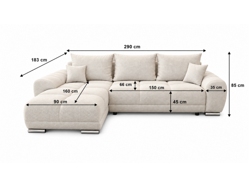 Kremowa sofa z precyzyjnymi wymiarami Narożnik z funkcją spania i pojemnikiem Aurio prawy ciemnoszary boucle