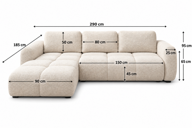 Kremowa sofa z wymiarami Narożnik z funkcją spania i pojemnikiem Milo prawy kremowy boucle