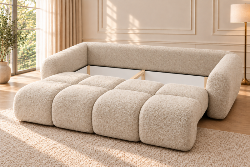 Kremowa sofa z wysuwanym schowkiem Sofa z funkcją spania i pojemnikiem na pościel Milo kremowa boucle