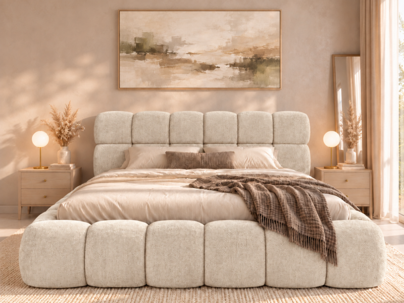 Kremowe łóżko w beżowej sypialni Łóżko tapicerowane 140x200 cm z pojemnikiem i stelażem Bubble beżowe