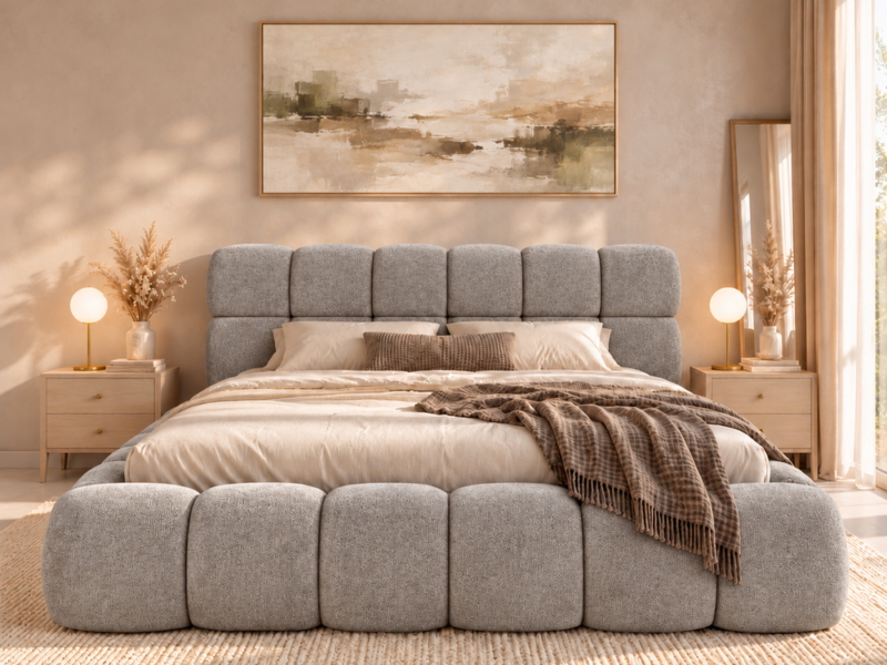 Łóżko z subtelną szarą tapicerką Łóżko tapicerowane 140x200 cm z pojemnikiem i stelażem Bubble szare