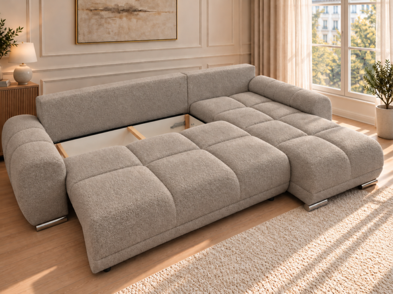 Modułowa sofa w ciepłym taupe_PRAWY Narożnik z funkcją spania i pojemnikiem Aurio prawy beżowy boucle