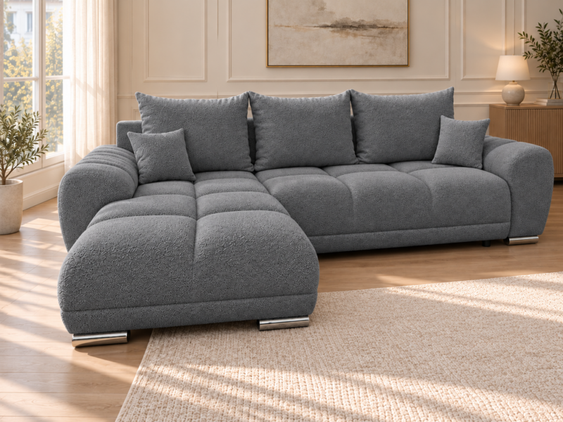 Neutralnoszara sofa boucle w salonie Narożnik z funkcją spania i pojemnikiem Aurio lewy ciemnoszary boucle
