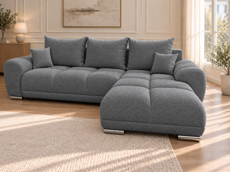 Neutralnoszara sofa boucle w salonie_PRAWY Narożnik z funkcją spania i pojemnikiem Aurio prawy ciemnoszary boucle