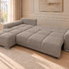Rozkładana sofa w ciepłym taupe Narożnik z funkcją spania i pojemnikiem Aurio lewy beżowy boucle