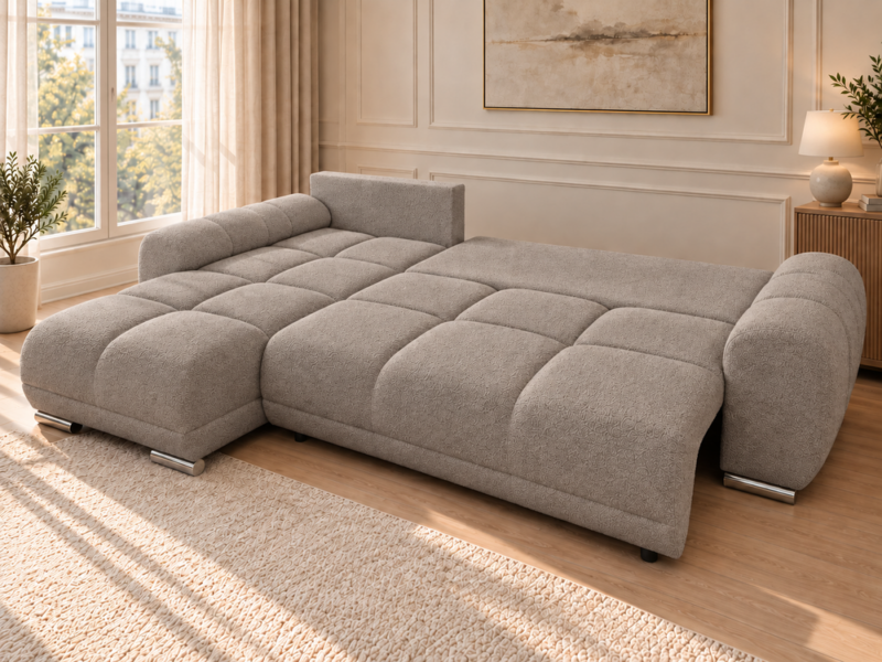 Rozkładana sofa w ciepłym taupe Narożnik z funkcją spania i pojemnikiem Aurio lewy beżowy boucle