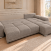 Rozkładana sofa w ciepłym taupe_PRAWY Narożnik z funkcją spania i pojemnikiem Aurio prawy beżowy boucle