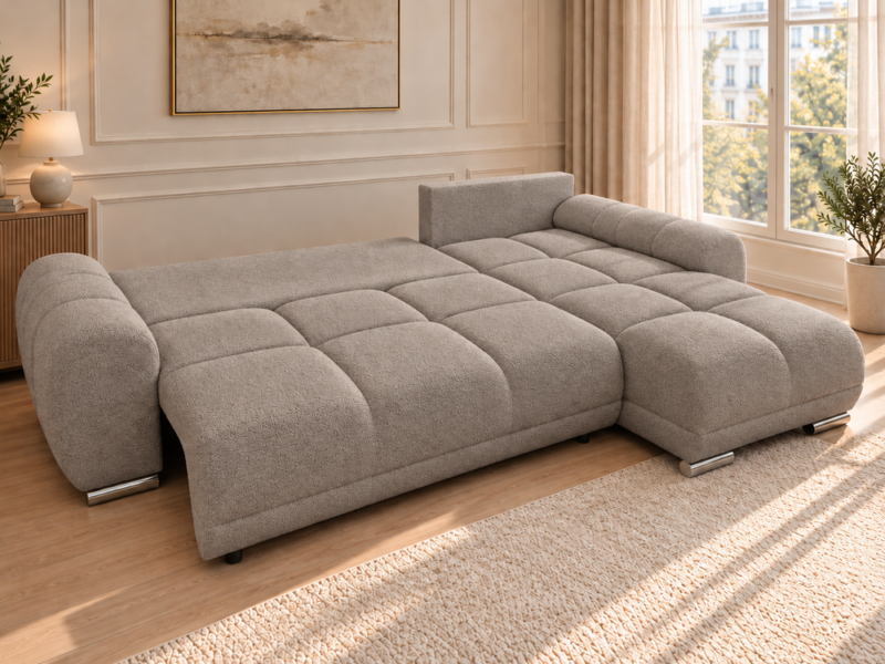 Rozkładana sofa w ciepłym taupe_PRAWY Narożnik z funkcją spania i pojemnikiem Aurio prawy beżowy boucle
