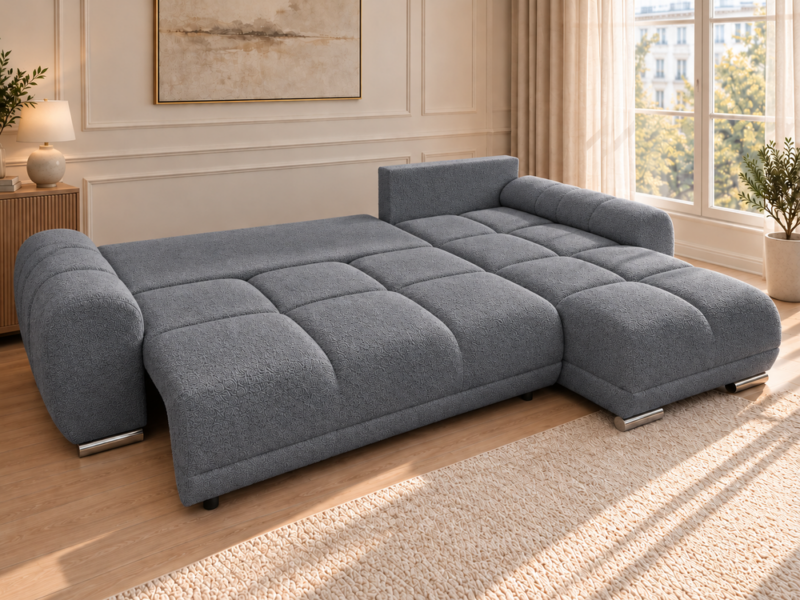 Rozkładana sofa w szarym obiciu_PRAWY Narożnik z funkcją spania i pojemnikiem Aurio prawy ciemnoszary boucle