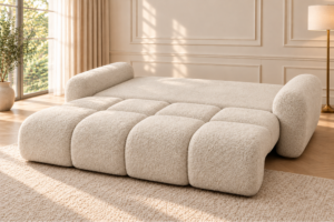 Sofa z funkcją spania i pojemnikiem na pościel Milo kremowa boucle