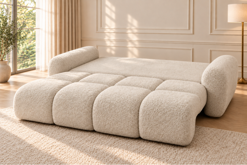 Sofa z funkcją spania i pojemnikiem na pościel Milo kremowa boucle