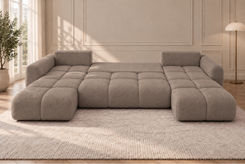 Rozłożona sofa U w ciepłym taupe Narożnik z funkcją spania i pojemnikiem Milo U beżowy boucle