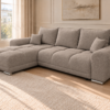 Sekcyjna sofa bouclé w ciepłym taupe Narożnik z funkcją spania i pojemnikiem Aurio lewy beżowy boucle
