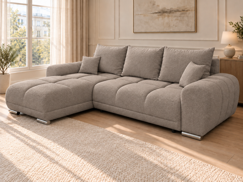 Sekcyjna sofa bouclé w ciepłym taupe Narożnik z funkcją spania i pojemnikiem Aurio lewy beżowy boucle