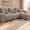 Sekcyjna sofa bouclé w ciepłym taupe_PRAWY Narożnik z funkcją spania i pojemnikiem Aurio prawy beżowy boucle