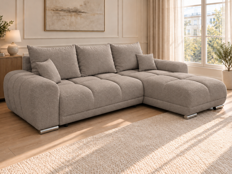 Sekcyjna sofa bouclé w ciepłym taupe_PRAWY Narożnik z funkcją spania i pojemnikiem Aurio prawy beżowy boucle