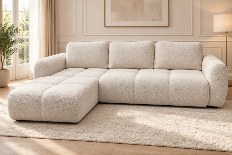 Sofa Agnello w eleganckim salonie Narożnik z funkcją spania i pojemnikiem Milo lewy kremowy boucle