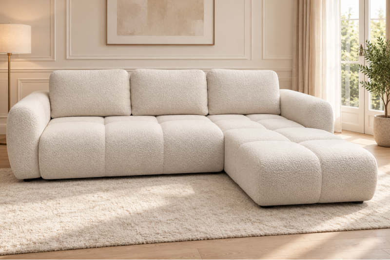 Sofa Agnello w eleganckim salonie_PRAWY Narożnik z funkcją spania i pojemnikiem Milo prawy kremowy boucle