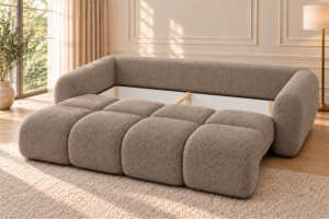 Sofa z funkcją spania i pojemnikiem na pościel Milo beżowa boucle