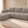 Sofa bouclé w ciepłym taupe Narożnik z funkcją spania i pojemnikiem Milo lewy beżowy boucle