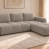 Sofa bouclé w ciepłym taupe_PRAWY Narożnik z funkcją spania i pojemnikiem Milo prawy beżowy boucle