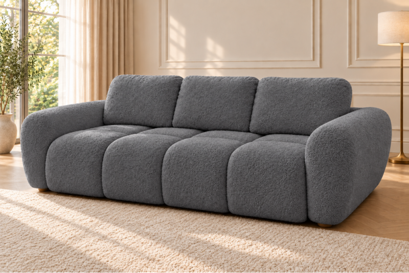 Sofa boucle w grafitowej szarości Sofa z funkcją spania i pojemnikiem na pościel Milo ciemnoszara boucle