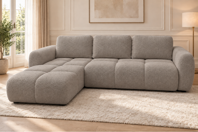 Sofa w ciepłym odcieniu taupe (1) Narożnik z funkcją spania i pojemnikiem Milo lewy beżowy boucle