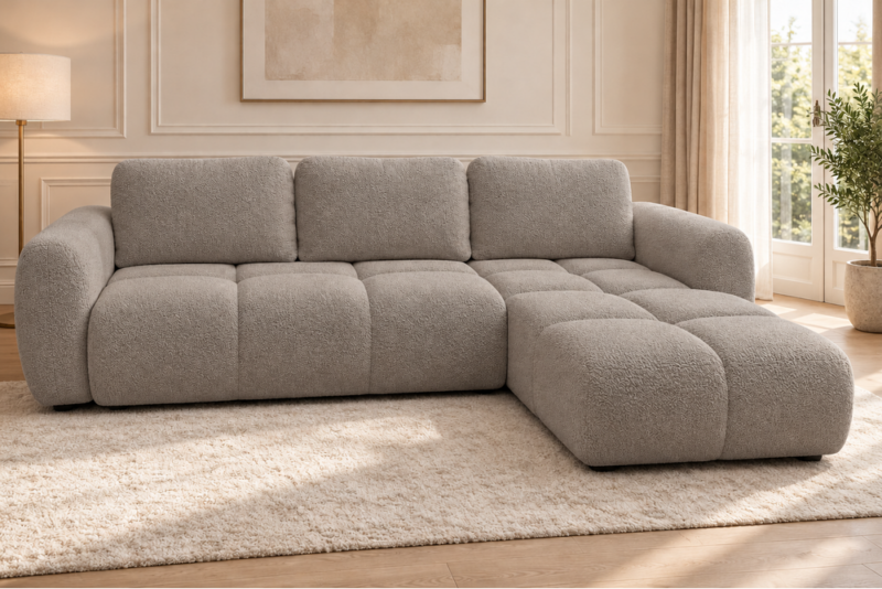 Sofa w ciepłym odcieniu taupe (1)_PRAWY Narożnik z funkcją spania i pojemnikiem Milo prawy beżowy boucle