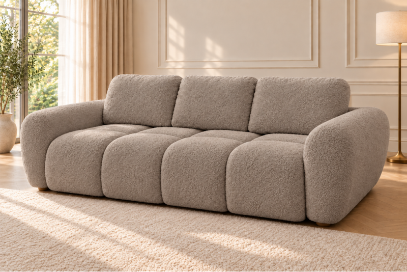 Sofa w ciepłym odcieniu taupe Sofa z funkcją spania i pojemnikiem na pościel Milo beżowa boucle