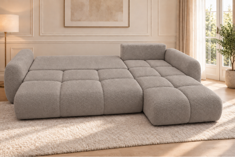 Sofa w ciepłym odcieniu taupe_PRAWY Narożnik z funkcją spania i pojemnikiem Milo prawy beżowy boucle
