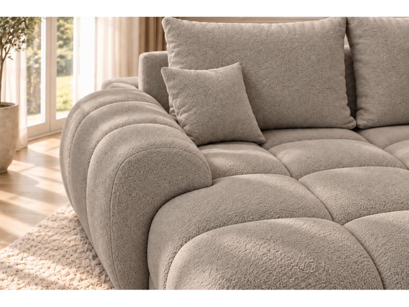 Sofa w ciepłym taupe, zachowana faktura boucle_LEWY Narożnik z funkcją spania i pojemnikiem Aurio lewy beżowy boucle
