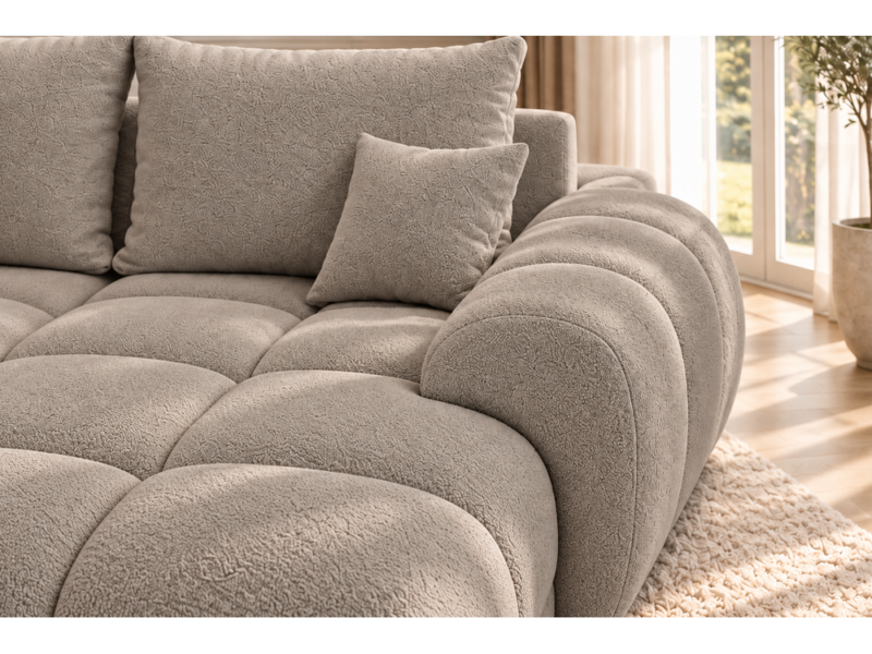 Sofa w ciepłym taupe, zachowana faktura boucle_PRAWY Narożnik z funkcją spania i pojemnikiem Aurio prawy beżowy boucle