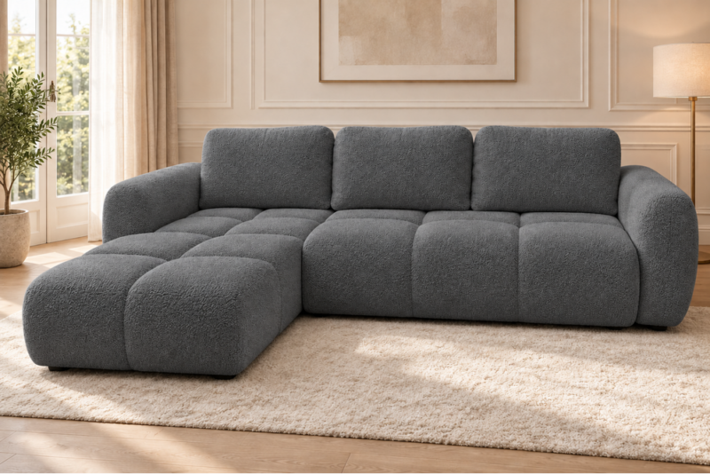 Sofa w grafitowej tapicerce Narożnik z funkcją spania i pojemnikiem Milo lewy ciemnoszary boucle