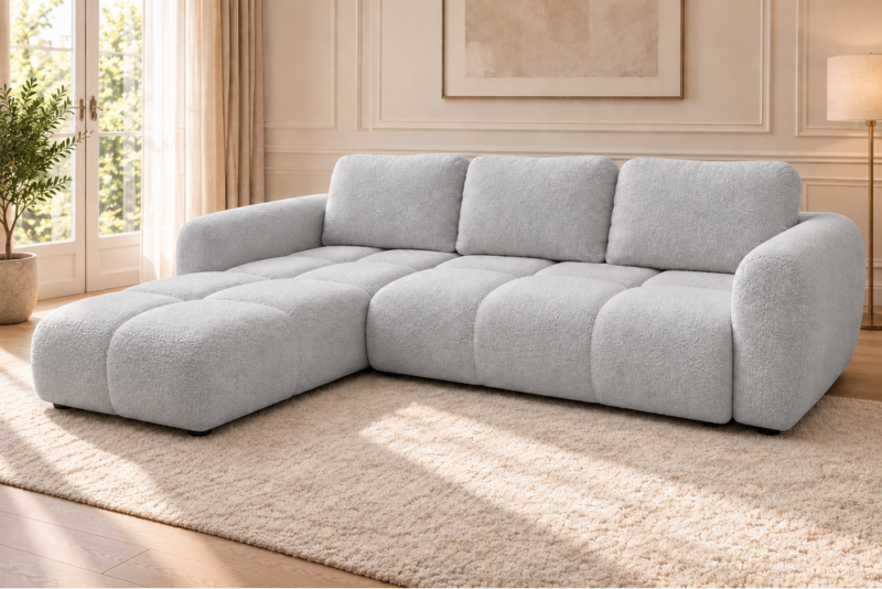 Sofa w jasnoszarej tapicerce (1) Narożnik z funkcją spania i pojemnikiem Milo lewy szary boucle