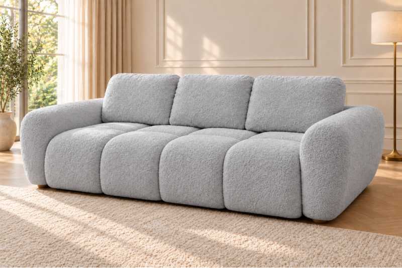 Sofa w jasnoszarej tapicerce Sofa z funkcją spania i pojemnikiem na pościel Milo szara boucle