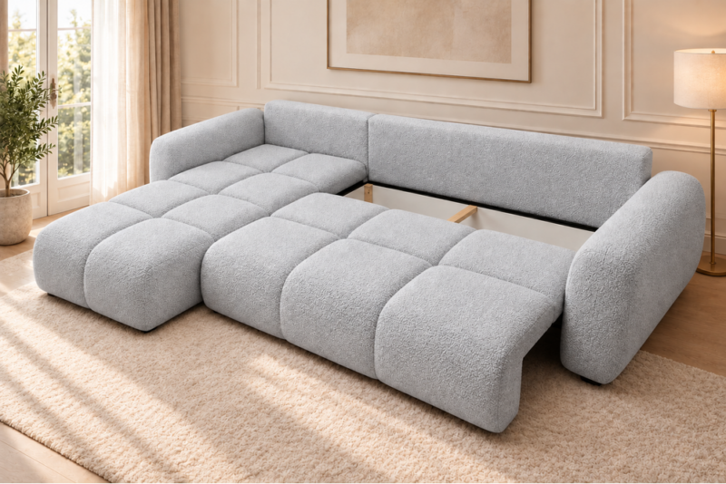 Sofa w jasnoszarej tapicerce Narożnik z funkcją spania i pojemnikiem Milo lewy szary boucle