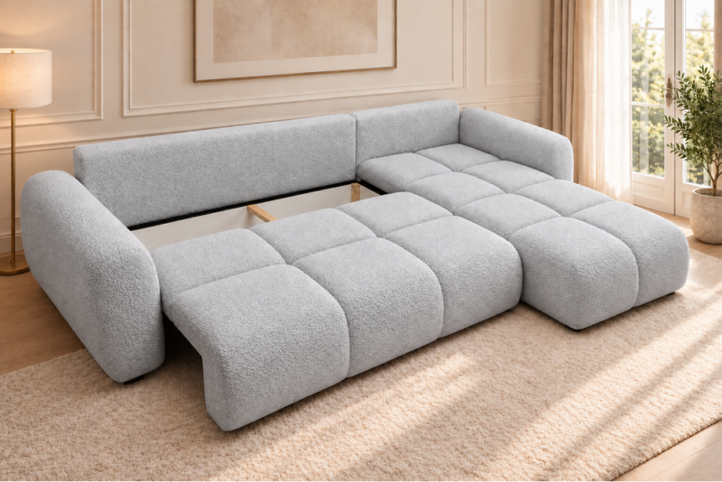 Sofa w jasnoszarej tapicerce_PRAWY Narożnik z funkcją spania i pojemnikiem Milo prawy szary boucle